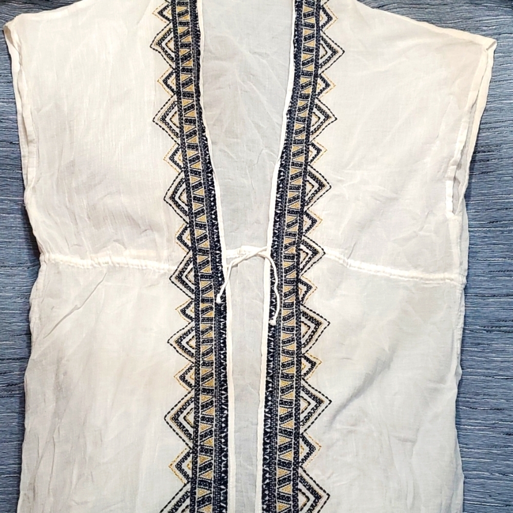 Beach swim cover up in white with navy blue & gold stitching and tie waist